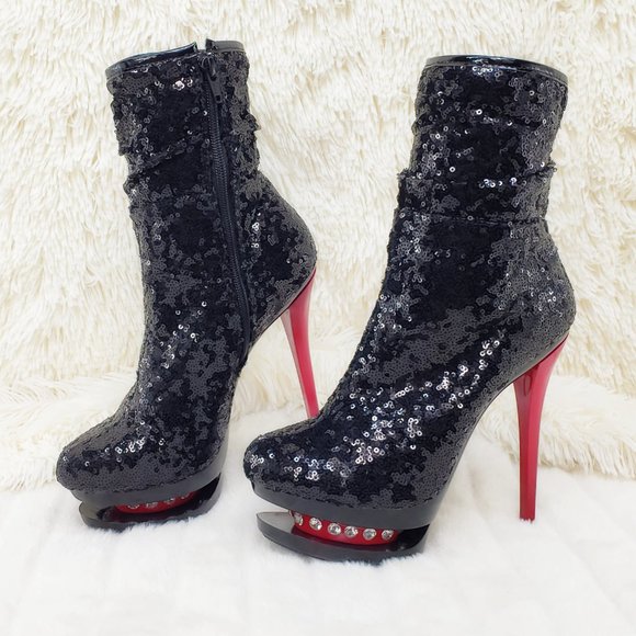 Pleaser Shoes - Pleaser Sexy Black Sequin Red High Heel Slouch Ankle Boots Blondie 1009